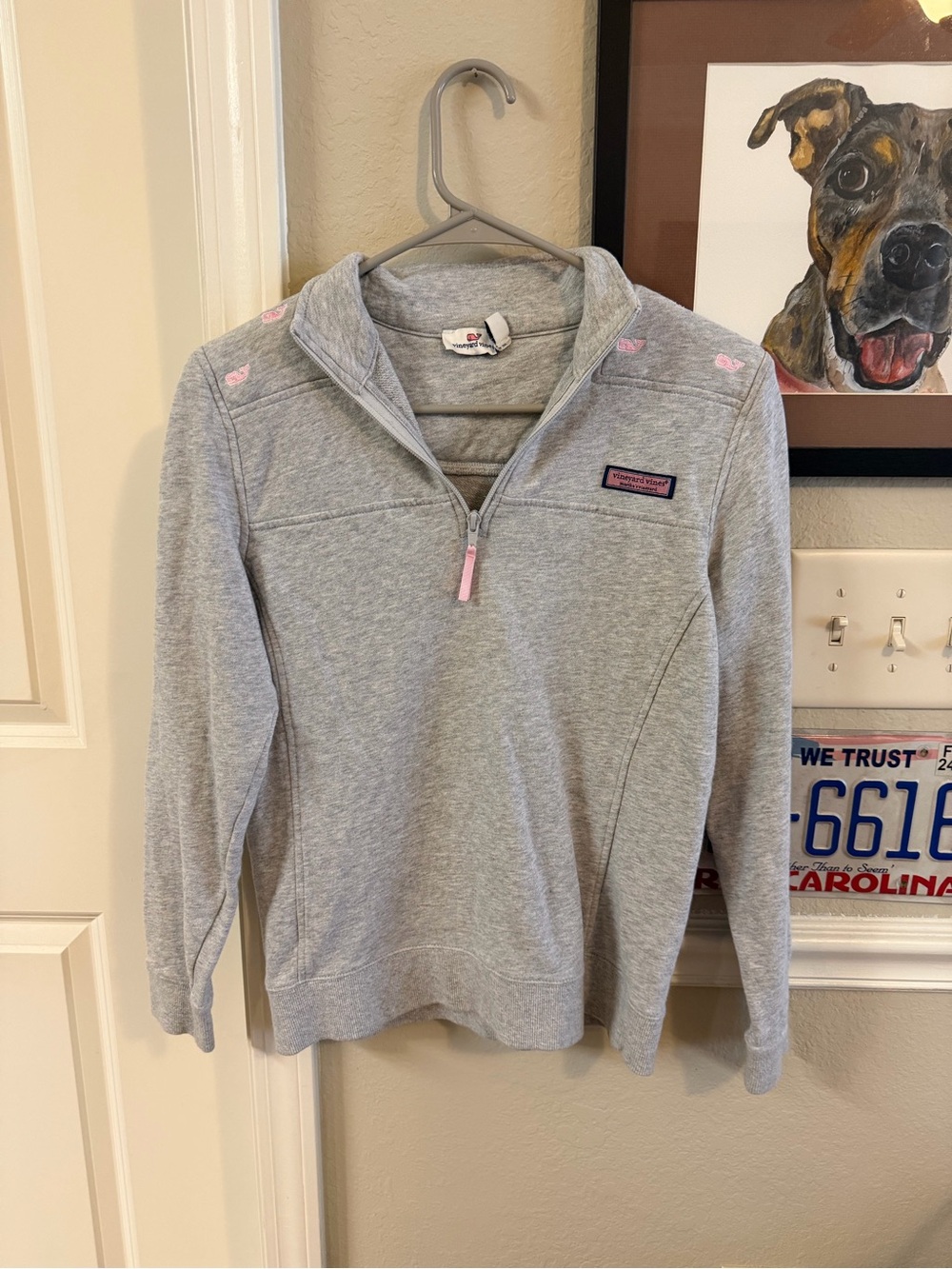 Vineyard Vines Light Gray Quarter-Zip Pullover with Pink Whale Patch